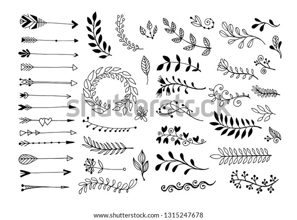 set of\
hand drawing page dividers borders and arrow, doodle floral design\
elements, vector illustration\
collection