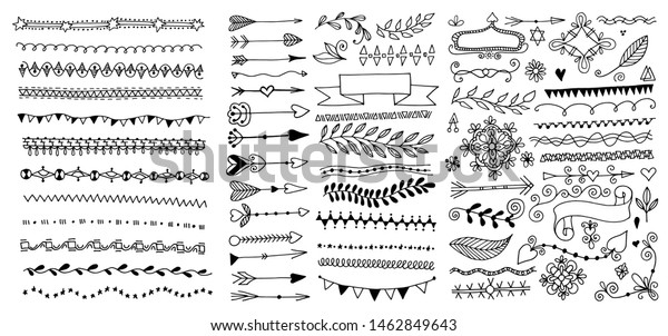 set of\
hand drawing page dividers borders and arrow, doodle floral design\
elements, vector illustration\
collection