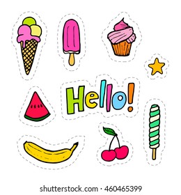 Set of hand drawing patches with food - ice creams, fruits, cupcake. Vector stock illustration.