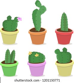 Set of hand drawing potted cactuses. Isolated on white. Vector illustration.