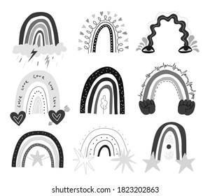 Conjunto de formas abstractas de arcoíris dibujadas a mano. Monocromo como dibujos de niños con estrellas, corazones, lluvia, ojos y manos. Ilustración de material vectorial aislada en fondo blanco.