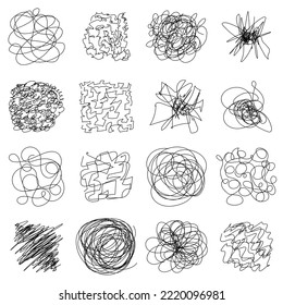 Set of Hand drawing random chaotic lines. Insane tangled scribble clew. Black design abstract scrawl scribbles. Vector illustration