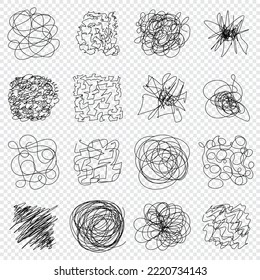 Set of Hand drawing random chaotic lines. Insane tangled scribble clew. Black design abstract scrawl scribbles. Vector illustration