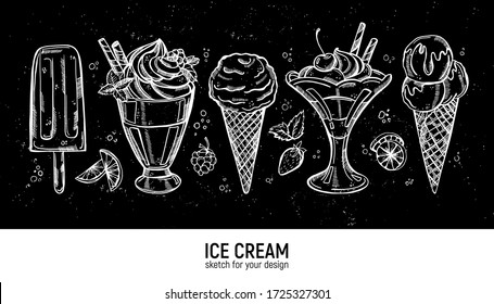 Set Of Hand Drawing Realistic Ice Cream. Sweet  Deserts Collection. 