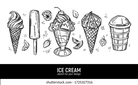 Set of hand drawing realistic ice cream. Sweet  deserts collection. 