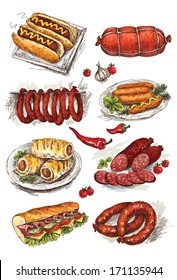 set of hand drawing sausage
