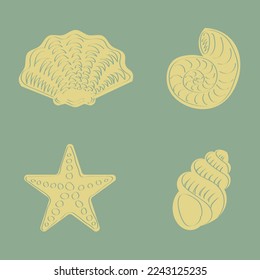 Set of hand drawing sea creatures shells and starfish in outline and flat style vector