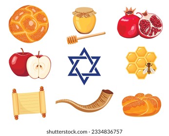 Set of hand drawing simbols of jewish new year apple, honey, shofar, Challah bread, fish and pomegranate. Vector illustration for Rosh Hashanah