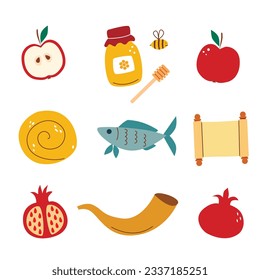 Set of hand drawing simbols of jewish new year apple, honey, shofar, Challah bread, fish and pomegranate. Vector illustration for Rosh Hashanah