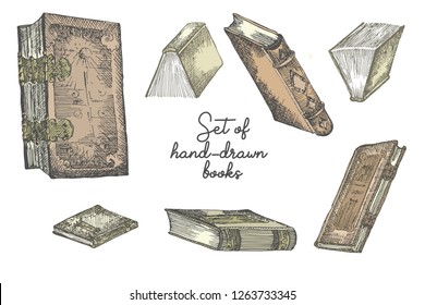 Set of hand drawing sketch books for concept vintage design fair or festival flyer, paper, banner, school library retro poster, bookshop advertising in engraving style Vector llustration.