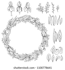 set of hand drawing sketch of flowers irises, leaves, petals, floral wreath, design elements, black and white on a white background vector illustration