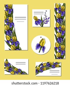 set of hand drawing sketch of flowers irises, card templates, banners, business cards, tags, floral wreath, design elements, colorful vector illustration