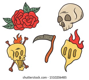 Set of hand drawing skulls and rose vector.