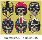 Set of hand drawing skulls wearing various of motorcycle helmet