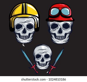 Set of hand drawing skulls wearing various of motorcycle helmet vector illustration