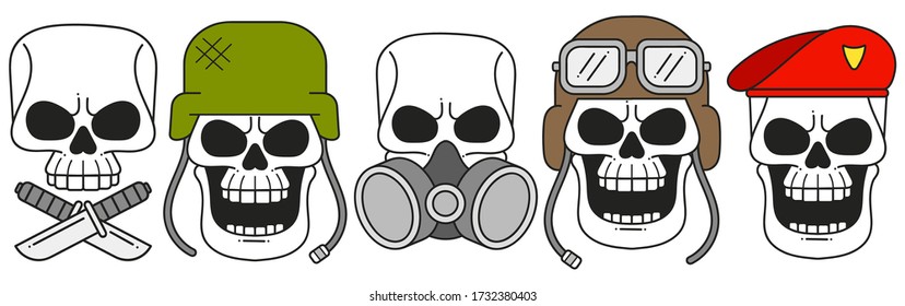 Set Of Hand Drawing Skulls Wearing Various Of Motorcycle Helmet