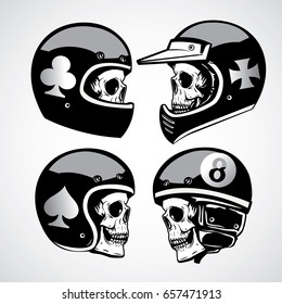 Set of hand drawing skulls wearing various of motorcycle helmet