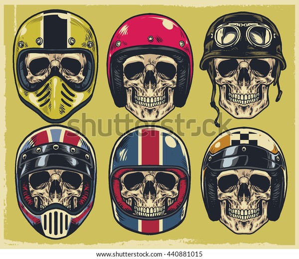 Set of hand drawing skulls wearing various of\
motorcycle helmet