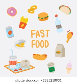 Set of Hand drawing styles fast food menu. Doodle color junk food.