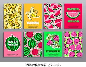 Set of hand drawing summer cards with fruits and berries. Organic food. Healthy lifestyle. Vector illustration. 