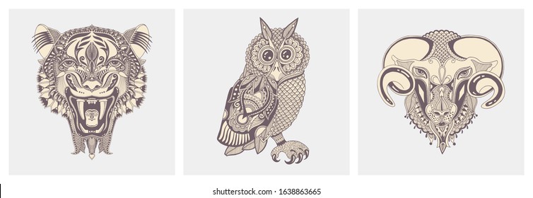 set of hand drawing tattoo animals - tiger, owl and ram, vector illustration collection