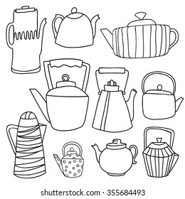 A set of hand drawing tea. Kettles are different in shape, size, pattern, stripe, peas, metal. white background, black contours.