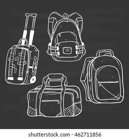 Set of hand drawing travel bag on chalkboard background