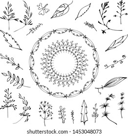Set of hand drawing tree branches on white background for greeting cards, posters, invitations.