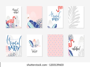 set of hand drawing tropical posters with flamingo and bouquet of tropical leaves and flowers, vector illustration collection