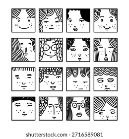 Set of hand drawing various face figures on square shapes vector illustration. Doodle cartoon simple face portrait character.