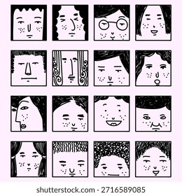Conjunto de dibujar a mano varias figuras faciales en Ilustración vectorial de Formas cuadradas. Doodle de dibujos animados simple personaje de retrato de la cara.