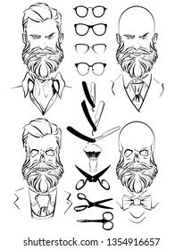 Set of hand drawing vector bearded men faces and sculls with different haircuts. Sunglasses, 
straight razors, ties and scissors