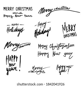 Set of hand drawing vector black lettering - Merry Christmas, Happy New Year. Vector phrases for prints, greeting posters, postcards, banners, holiday cards. White isolated background. Monochrome.