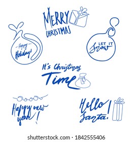 Set of hand drawing vector blue lettering - Merry Christmas, Happy Holiday, Happy new year, Hello Santa, Let it snow, It's Christmas Time. Vector phrases for greeting, holiday posters, cards, banners.