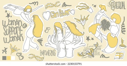 Set of hand drawing vector illustration of woman empowering woman