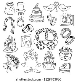 Set of hand drawing wedding day sketches, black and white on white background, vector illustration