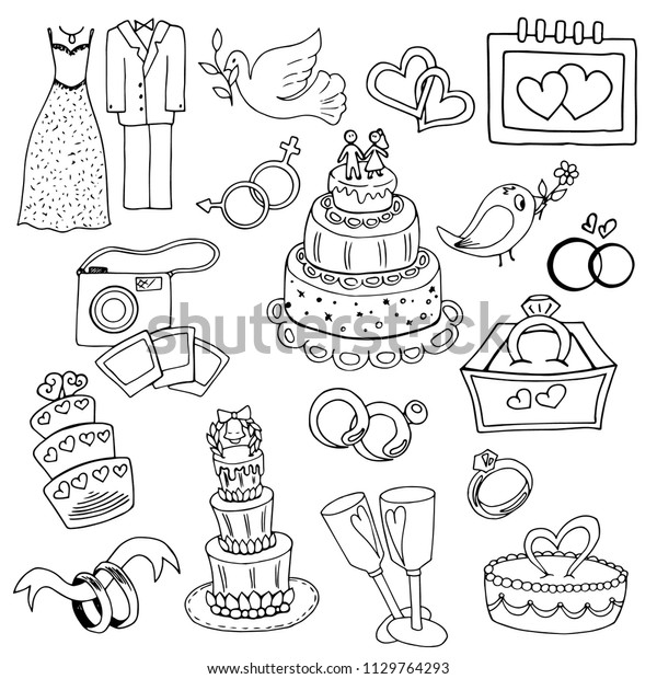 Set of hand drawing\
wedding day sketches, black and white on white background, vector\
illustration