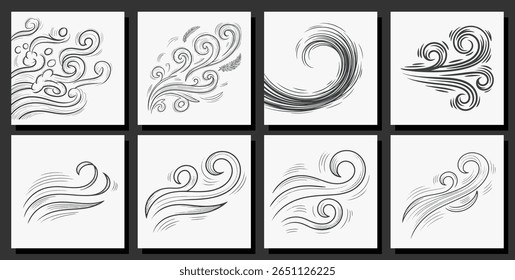 Satz einer handgezeichneten Windlinie im Doodle-Stil. Die Zeichnung ist schwarz-weiß und hat einen sehr stilisierten Look