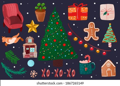 Set of hand drawing winter. Cartoon christmas. Cartoon vector illustration. Christmas party. Flat abstract design. Happy new year 2021 Holiday winter design. .