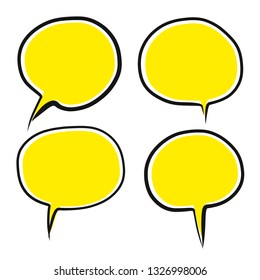 Set of hand drawing yellow colored circular speech bubbles on white background