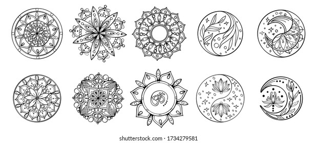 Set of hand drawing zentangle mandalas.Hand drawn mandala with moon, yin yang, om symbol in vector.  Perfect set for surface of design, textiles, posters, tattoos in indian yoga style