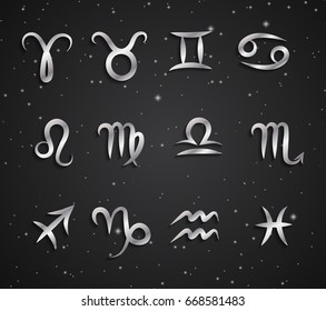 Set of hand drawing zodiac symbols, silver icons with shadow on the background of black starry sky