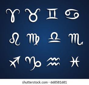 Set of hand drawing zodiac symbols, white icons with shadow on the dark blue background