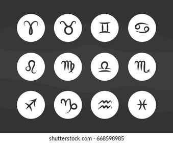 Set of hand drawing zodiac symbols, flat round white icons on the black background