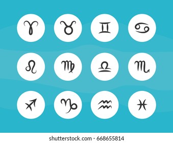 Set of hand drawing zodiac symbols, flat round white icons on the blue background