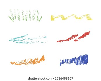 Ensemble de dessins dessinés à la main avec des crayons de couleur. Pinceaux texturés colorés .Style de dessin avec crayons .Illustration vectorielle