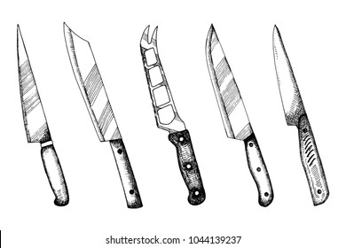 set of hand drawings isolated. kitchen knives special vintage sketches