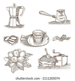 Juego de dibujos a mano sobre el tema del café.