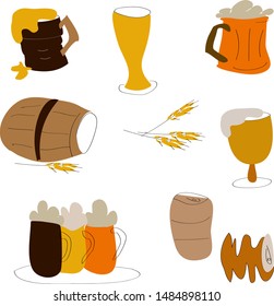 Set of hand drawings on the theme of beer, doodle. Glasses with foamy beer, barrel and wheat. October fest. Vector 