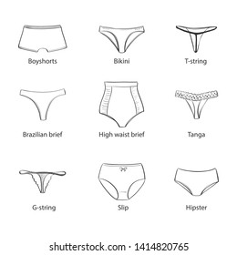 Set of hand drawings women panties types and names